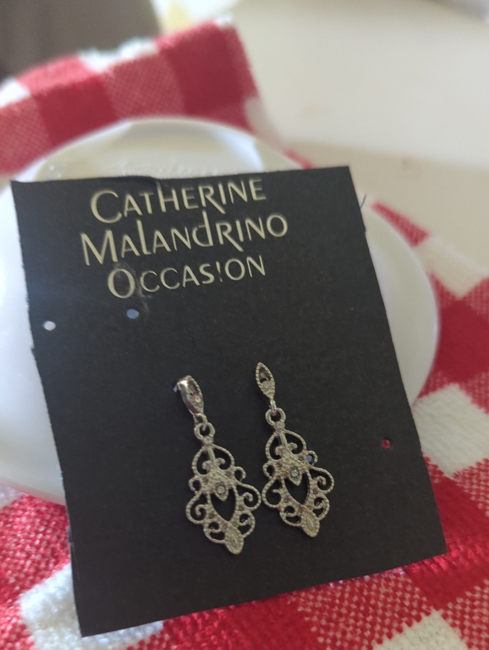 Catherine Malandrino Silver Filigree Drop Earrings with Rhinestones